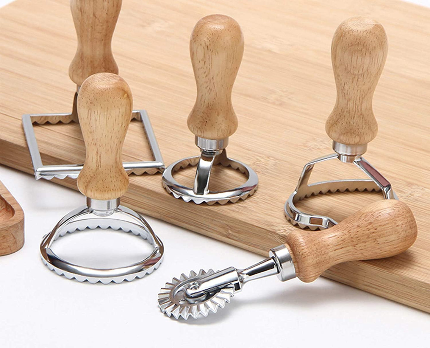 Ravioli Stamp Set (Set of 5), Ravioli Maker Cutter with Wooden Handle–For Ravioli, Pasta, Dumplings Lasagna, Pierogi, Leading Dough Cutter and Press Stamps